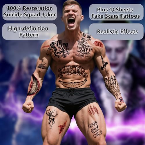 Joker Tattoos Temporary Halloween - 14 Sheets Temporary Tattoos for Kids Men Fake Tattoo Stickers Joker Costume Masquerade Cosplay Party Accessories Makeup Waterproof