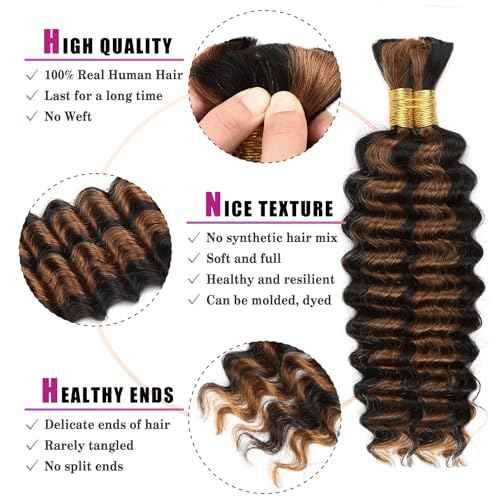 1B/30 Highlight Bronze Human Braiding Hair Deep Wave Bulk£¬Black and Gold No Weft Curly Braiding Hair Extensions for Boho Braids Wet and Wavy Braiding Human Hair Bundles(20inch,1B/30,100g)