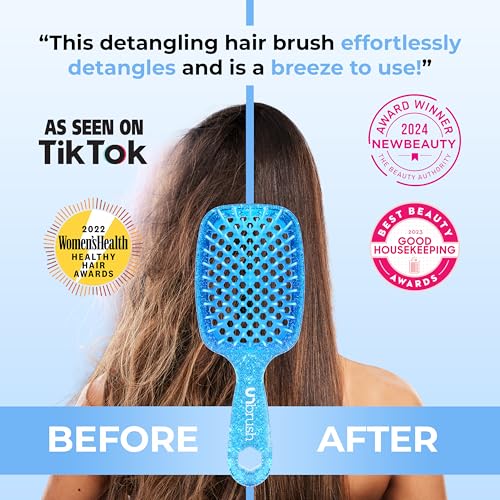 FHI Heat UNbrush Detangling Brush for Pain-Free Brushing on All Wet or Dry Hair Types — Durable DuoFlex Anti-Static Bristles, Lightweight Handle, Vented Hair Brush, Sapphire Blue