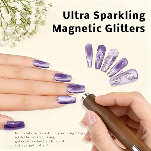 Gel Nail Polish Set, Cat Eye Gel Polish Kit, Holographic Reflective Magnetic Shimmer Glitter Dark Light Purple Gel, Manicure Salon DIY Gifts, Soak Off, UV/LED Cured (9 Colors C)