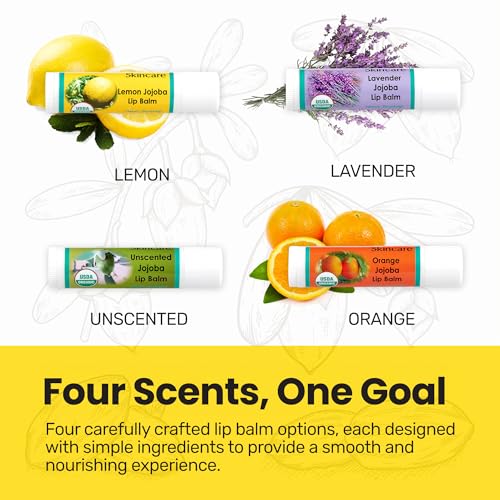 | USDA Organic Lemon Lip Balm ? 70% Jojoba Oil with Beeswax ? Steam Distilled Lemon Essential Oil ? Natural Softens for Dry, Chapped Lips ? 2-Pack (0.15 oz / 4.6 g Each)