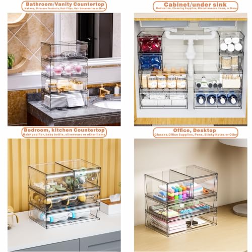6 Pack Clear Stackable Storage Drawers,12"W Large Bathroom Makeup Organizer and Pen,Sunglass,Medicine,Baby Bottle Organizer,Plastic Pull Out Storage Bins for Desk,Under Cabinets,Vanity Countertop
