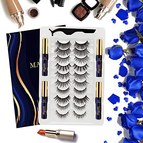 DUOERLA Magnetic Eyelashes,10 Pairs Magnetic Lashes Natural Looking with Applicator and 4 Tubes of Waterproof Magnetic Eyeliner, [Upgraded] Reusable,Strong Hold,Lightweight, Cruelty-Free,Easy to Apply