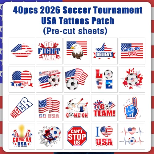 HOWAF USA Soccer Temporary Tattoos - 40Pcs Pre-Cut