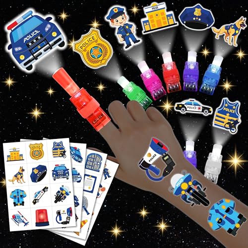 72 PCS Police Party Favors ? 48 PCS Luminous Tattoos & 24 PCS LED Finger Lights Combo ? Birthday Goodie Bag Fillers, Party Supplies, Gifts Light Up Toys Glow In The Dark for Boys and Girls