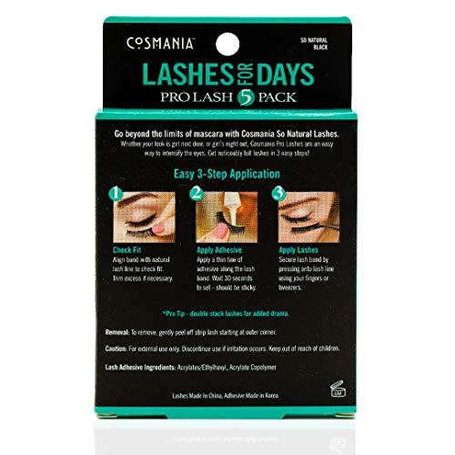 Cosmania Lashes for Days False Eyelashes (So Natural) - Easy to Apply, Natural Looking | Noticeably Fuller Looking Lashes | Adhesive Included | Cruelty Free (5 Pack/2 Pair - Black)