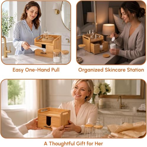 Vespara Bamboo Disposable Face Towel Holder with Drawer & Glass Jars - Vanity Skincare Organizer