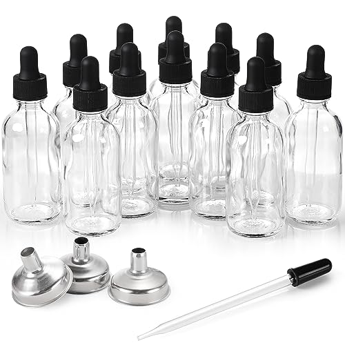 12 Pack 2oz Glass Dropper Bottles w/ Funnels & Labels