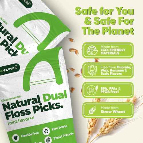 Biodegradable Dual Thread Floss Picks - Natural Straw Wheat Handle | Tight Gap Dental Flossers for Adults | Gentle on Gums & Teeth | Eco Friendly, Vegan, Natural (200 Pack, Mint)