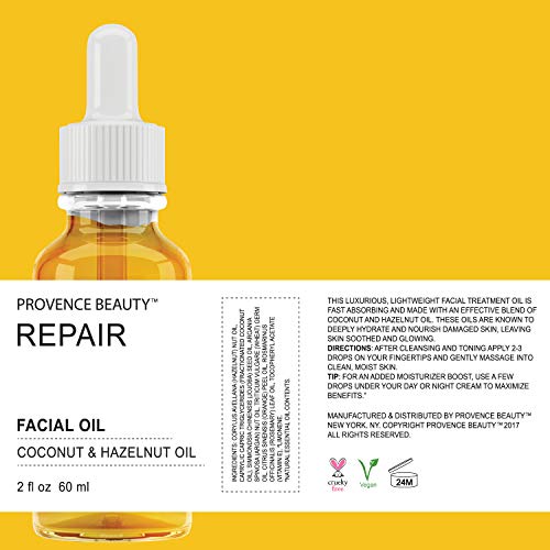 BEAUTE DE PROVENCE Active REPAIR Facial Oil | Enhanced with Coconut & Hazelnut Oil | Soften, Moisturizing and Hydrating Leaving Skin Smooth & Glowing | Repair & Nourish Damaged Skin - 2oz