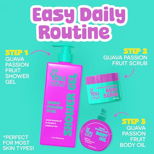 BeYoutiful Moisturizing Body Oil for Kids & Teens, Easter Basket Stuffers, Guava Passion Fruit Glow Oil with Jojoba & Sweet Almond, Hydrating Bath Oil, 8 oz, Easter Gifts for Kids