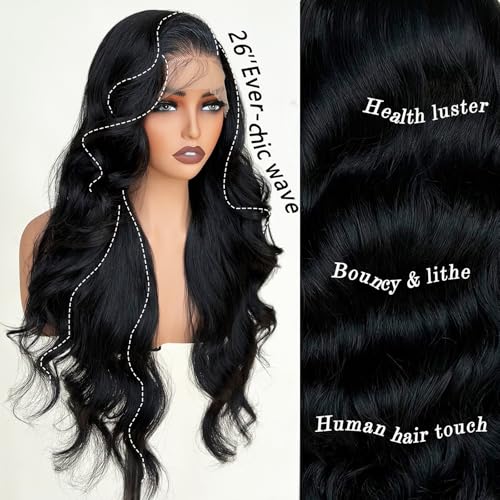 Black Glueless Wigs for White Women 26 Inch Pre Layered Body Wave Synthetic lace front Wigs - Pre Plucked 13¡¿6 HD Lace Front Synthetic Wig Pre Plucked with Tiny Knots Natural Hairline Wear and Go