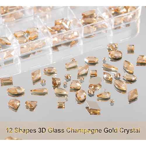 2420pcs Gold Rhinestones for Nails, Round Flatback Champagne Rhinestones Gold Nail Charms for Nails+120 Pcs 3D Multi Shapes Glass Crystal Diamond Nail Gems for Acrylic Decoration