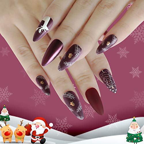 Gangel Red Matte False Nails Xmas Fake Nail Full Cover Christmas Long Fake Nails Snow Deer Acrylic Press on Nails Daily Wear Gifts for Women and Girls 24Pcs (RED2)