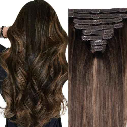 Balayage Clip in Hair Extensions Real Human Hair Straight Highlight Human Hair Clip ins for Women, Natural Soft Remy Human Hair, 8Pcs 120g, 18inch #2/6/2 Balayage Dark Brown to Chestnut Brown
