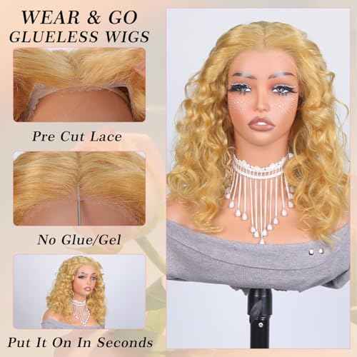 QNQZ Honey Blonde Curly Wig Human Hair 14 inch 9x6 HD Glueless Lace Front Honey Blonde Deep Wave Curly Wear and Go Glueless Wigs Human Hair Pre Plucked Pre Cut 200% Density #27 Colored for Women