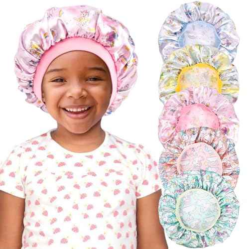 5 Pcs Kids Bonnet for Girls Silk Bonnet Sleeping Kid Baby Toddler Wide Band Night Sleep Caps Colorful Night Hats Natural Hair