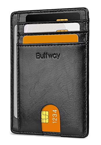 Buffway Slim Minimalist Front Pocket RFID Blocking Leather Wallets for Men and Women - Alaska Black