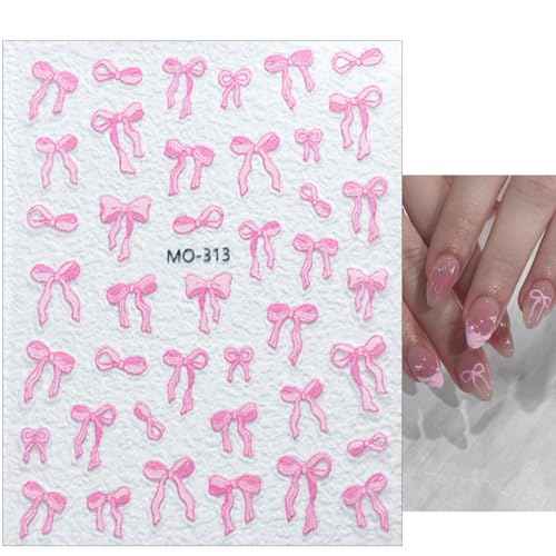 3sheets 5D Embossed Bow Nail Stickers for Nail Art Self-Adhesive Bow Nail Decals White Pink Bow Nail Art Stickers Design Cute Bow Nail Art Supplies for Women Girls