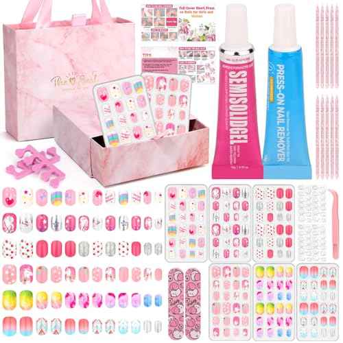 144 Pcs Press on Nails for Kids, Girls Fake Nails with Glue Kit, Cute Nails Tips with Jelly Nail Adhesive Teen Stick ons Acrylic Nails Gift Set for Girls 8-12