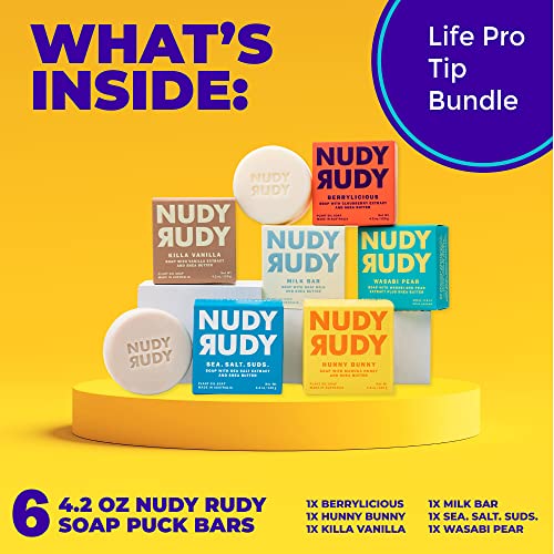 Nudy Rudy, Variety Pack of 6 Shea Butter Soap Bars | Made in Australia | Gift Set for Men & Women | Natural Ingredients | No Harsh Chemicals | Life Pro Tip Bundle | 4.2 oz Each