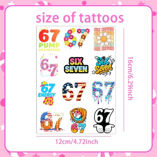 Six Seven Stickers Tattoos Funny 6 7 Temporary Tattoos Stickers 96PCS Number Funny Six Seven Donut Ice Cream Baseball Meme 6 7 Elf Santa Christmas Gifts for Kids Teens Adults