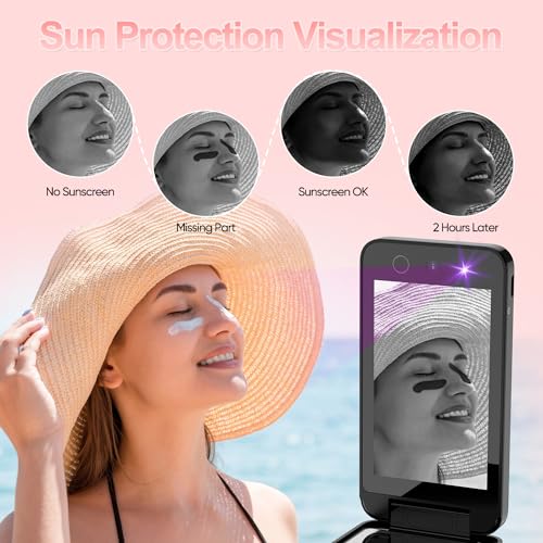 Vanexiss UV Camera for Sunscreen Test UV Mirror Sunscreen Camera, 4 Inch Vanity Mirror Rechargeable Compact Travel Makeup Mirror Handheld Double-Sided Pocket Mirror for Skin Protection(Dark Black)