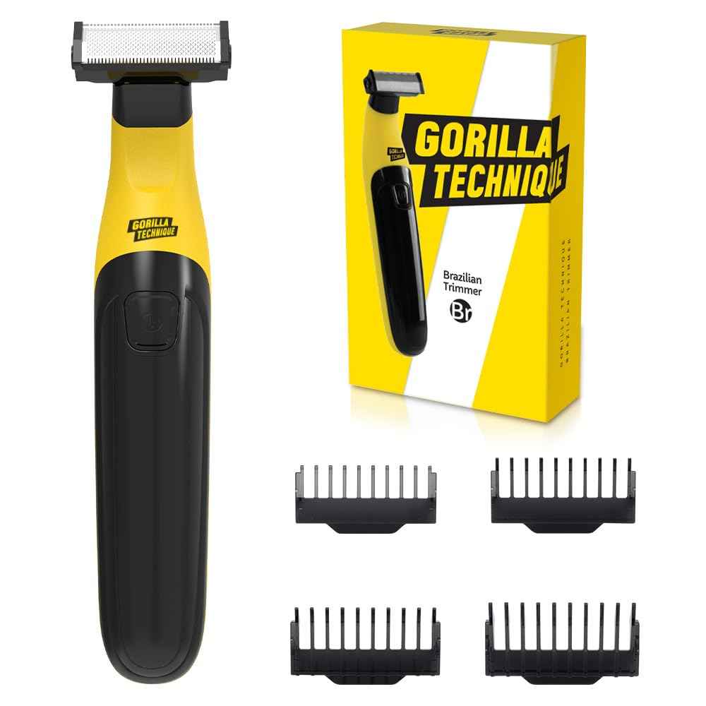 Gorilla Technique Men’s Groin & Body Hair Trimmer – 2-Way Pivot Blade, No-Nick Skin Guard, 4 Trimming Heads, 1–6mm Combs, IPX4 Waterproof, Electric Shaver for Pubic & Ball