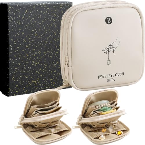 Tianzong Double Zipper Travel Jewelry Case for Women - Beige Waterproof PU Organizer with Gift Box