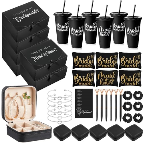 48 Pcs Bridesmaid Proposal Gifts Set, Maid of Honor Gifts Set from Bride, Will You Be My Bridesmaid Gift Box, 24 oz Tumbler Bridal Bachelorette Party Presents for Bridesmaids Wedding (Black)