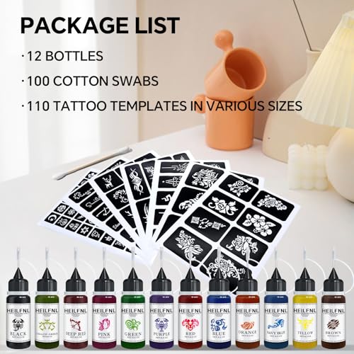 Temporary Tattoo Kit - 12 Colors Ink & 120 Stencils