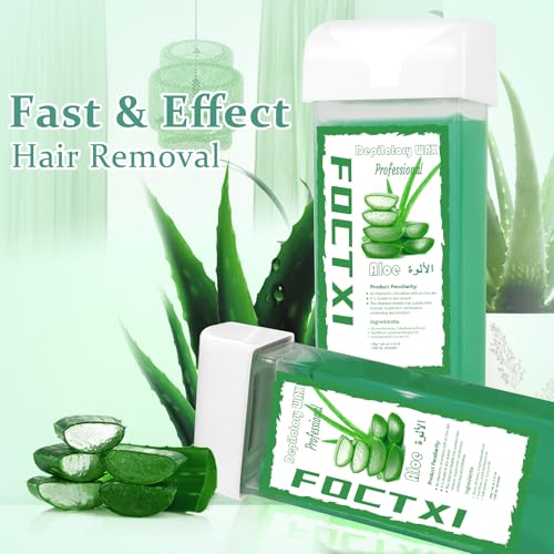 Roll on Wax Cartridge, 4 Hair Removal Aloe Vera £×ax Cartridge with 10 Pack Cleaning Oil Wipes, Depilatory Wax Roller Refill for Women Sensitive Skin