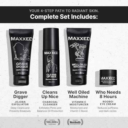 MAXXED Men's Skincare Set - Travel Skincare Set with Under Eye Cream, Charcoal Face Wash, Jojoba Face Scrub and Vitamin C Moisturizer - 4 in 1 Men's Skin Care Kit for Hydration and Pore Cleansing