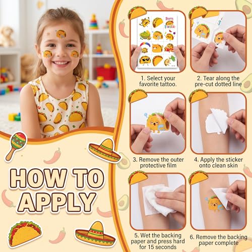 96 Taco Temporary Tattoos for Kids - Fiesta Party Favors
