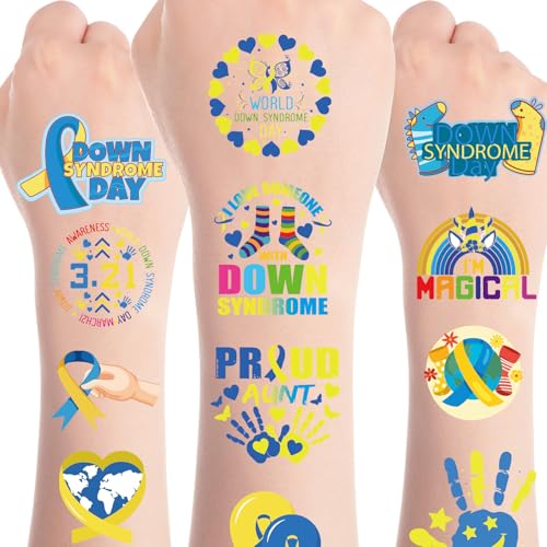 8 Sheets 200+ Down Syndrome Awareness Temporary Tattoos Stickers World Down Syndrome Day Party Decorations Favors 21 March Care Blue Yellow Ribbon Tattoo Stickers Gifts Rewards Supplies