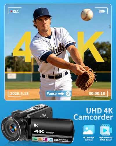 4K Video Camera Camcorder with 18X Zoom & Night Vision