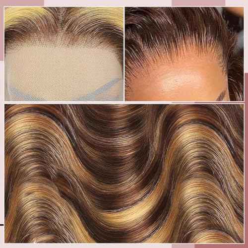 BXW 28Inch Highlight Ombre Lace Front Wig Human Hair 13x6 Blonde Highlight Body Wave Lace Front Wigs Human Hair 4/27 Colored Deep Wave Wig 200% Density Honey Blonde With Frontal Wigs For Women