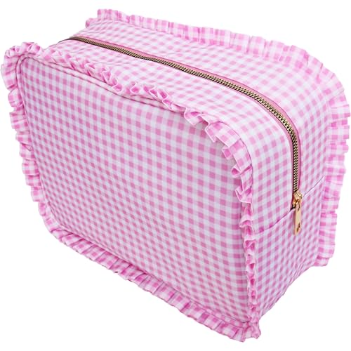 Personalized Light Blue Ruffle Gingham Cosmetic Bag 10.5x8x4.5