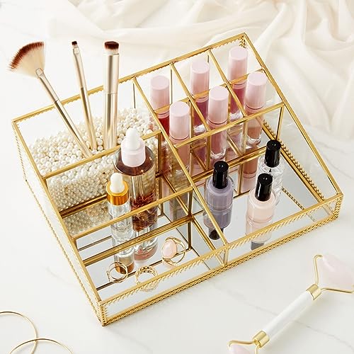 Glamlily Glass Makeup Organizer with Gold Trim for Vanity, Cosmetic Storage (10.2 x 7.5 x 3.5 In) - Makeup Storage
