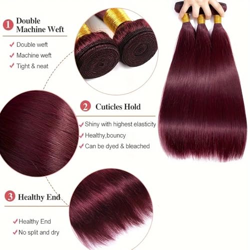 WuvuSnm Burgundy Human Hair Bundles 30-34 Inch #99J Straight 150g - Dark Red