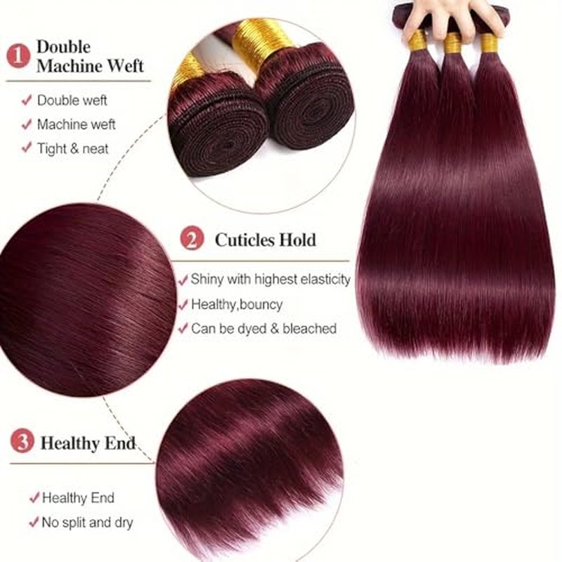 Burgundy #99J Straight Human Hair Bundles 16 18 20 inch