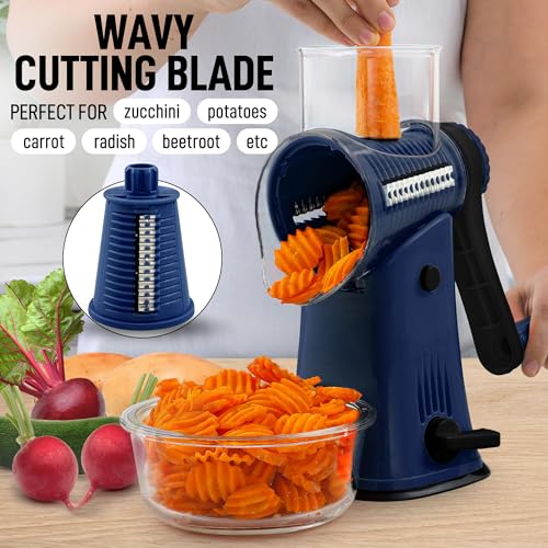 Zulay Rotary Cheese Grater 5 Blade Cheese Shredder - Manual Hand Crank Cheese Grater With Reinforced Suction & 5 Interchangeable Drums - Easy to Use Vegetable Chopper - Crystal Sapphire