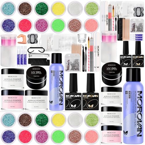 Morovan Monomer Acrylic Nail Liquid with Powder Kit Glitter Acrylic Powders Set for Nail Art Decoration Extension DIY at Home