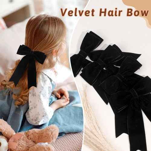 4PCS Velvet Hair Bows for Girls, Black Hair Bow Clips Ponytail Long Ribbon Bows Hair Accessories for Women Girls Toddlers Infant (Black)