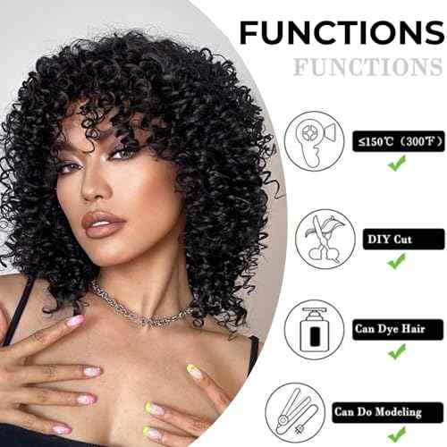 FREESHOW Short Curly Human Hair Wigs Curly Wig With Bangs Human Hair Glueless Curly Bob Wig Human Hair Short Wigs for Black Women 250% Density 12Inch Natural Black