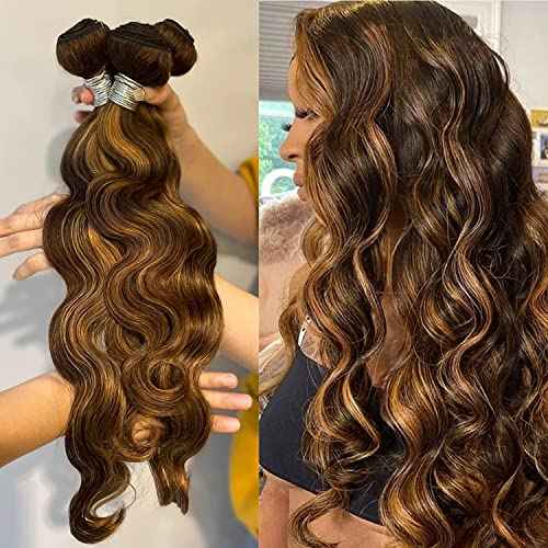 ALHER True 4/27 Body Wave Honey Blonde Highlight Ombre Colored 3 Human Hair Bundles 16 18 20 Inch 12A 100% Brazilian Virgin Remy Human Hair Soft Thick Wavy Sew In Weave Highlight Piano Color