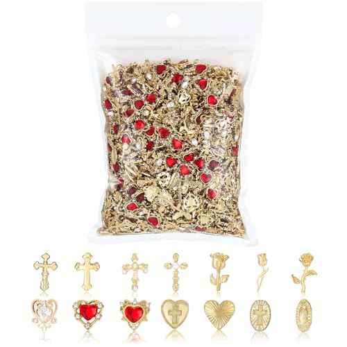 128PCS Gold Nail Charms Set with Rhinestones and Gems, Rose, Hearts, Cross and Virgin Mary - Y2K 3D Shiny Jewelry Nail Decorations Accessories Supplies