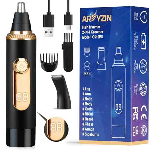 Ear and Nose Hair Trimmer for Men Women with LED Display, 2 in 1 Painless USB Rechargeable Nose Trimmer Clipper Eyebrow & Facial Hair Remover, 13,000 RPM,Dual Edge Blades,Waterproof,Black Gold