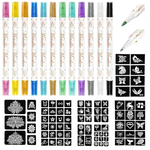 Temporary Tattoo Markers Set - 12 Colors with 81 Stencils