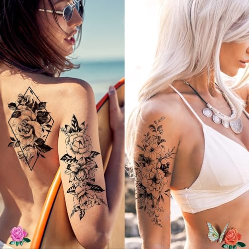 Cerlaza Temporary Tattoo Stickers for Women - 12 Sheets Flower & Butterfly